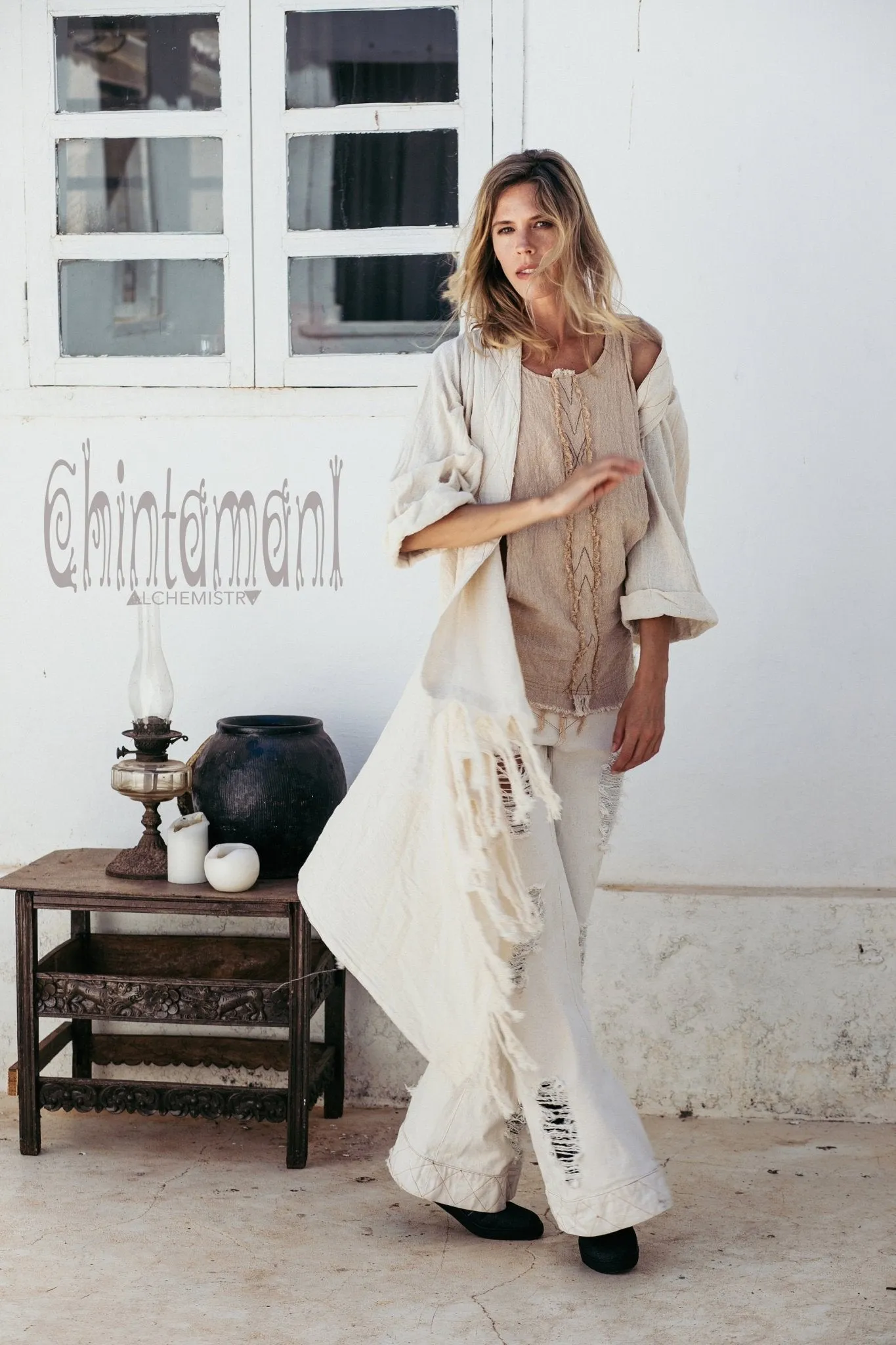 Long Fringe Kimono Wrap Cardigan for Women / Aroha Tino Off White