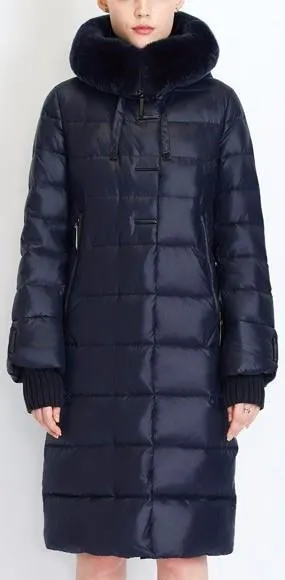 Long Puffer Coat with Rabbit Fur Hood in Dark Blue