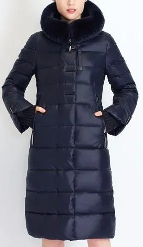 Long Puffer Coat with Rabbit Fur Hood in Dark Blue