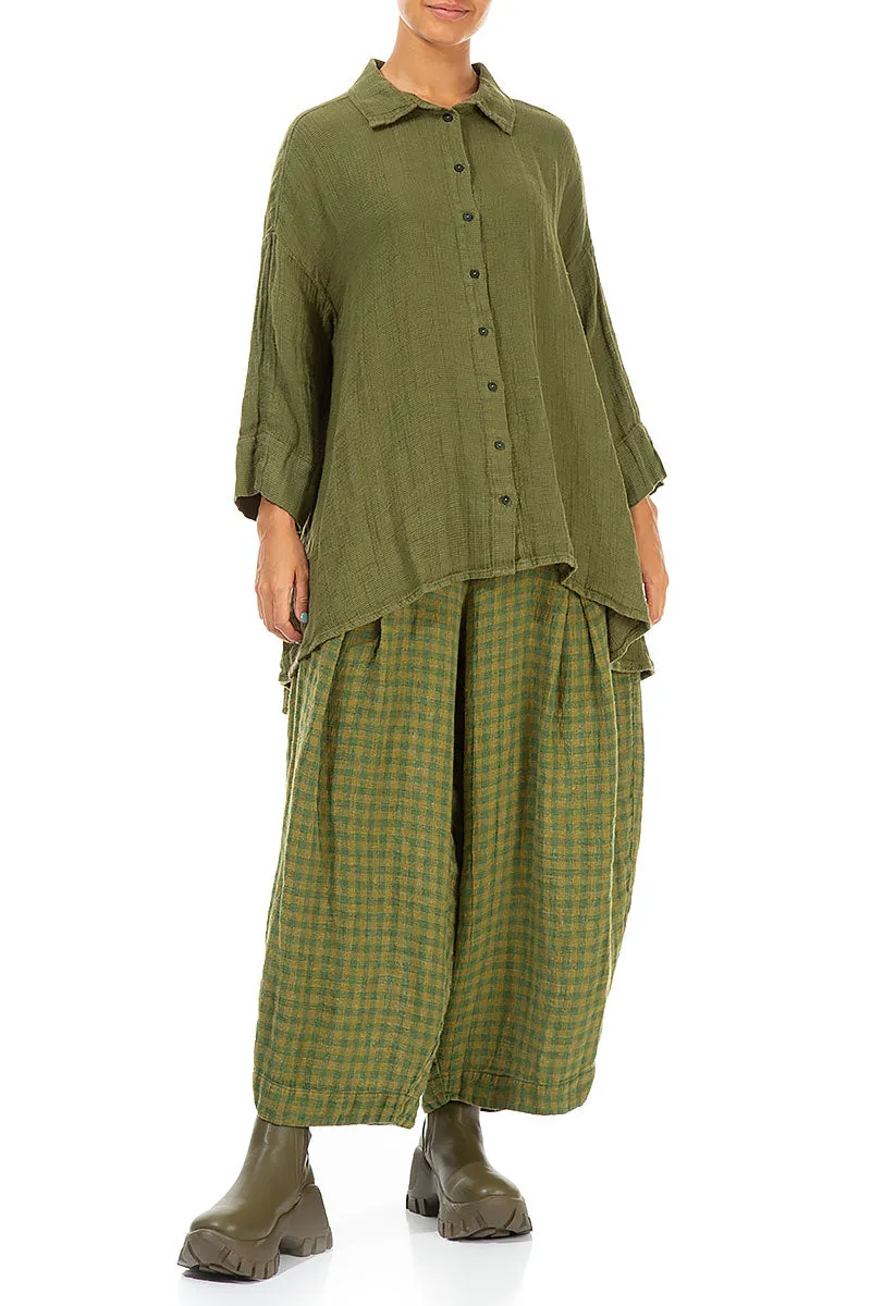 Loose Green Check Linen Trousers