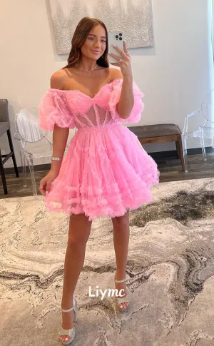 LY026 - A line Off Shoulder Short Sleeves Tulle Ruffles Pink Cute Homecoming Dress