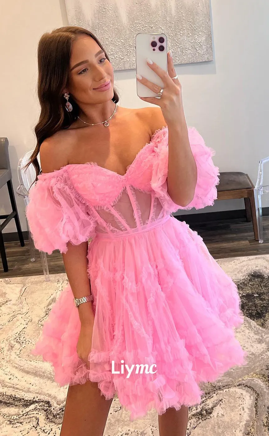 LY026 - A line Off Shoulder Short Sleeves Tulle Ruffles Pink Cute Homecoming Dress