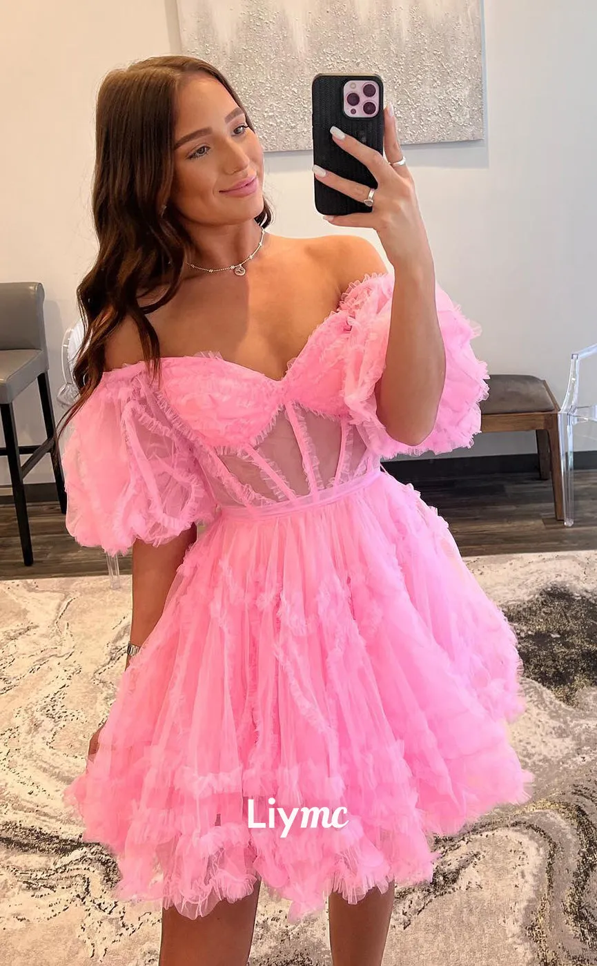 LY026 - A line Off Shoulder Short Sleeves Tulle Ruffles Pink Cute Homecoming Dress