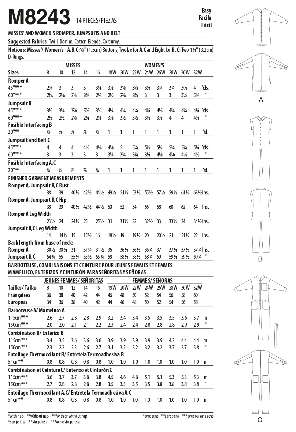 McCall's Pattern 8243 Misses' and Women's Romper, Jumpsuits and Belt