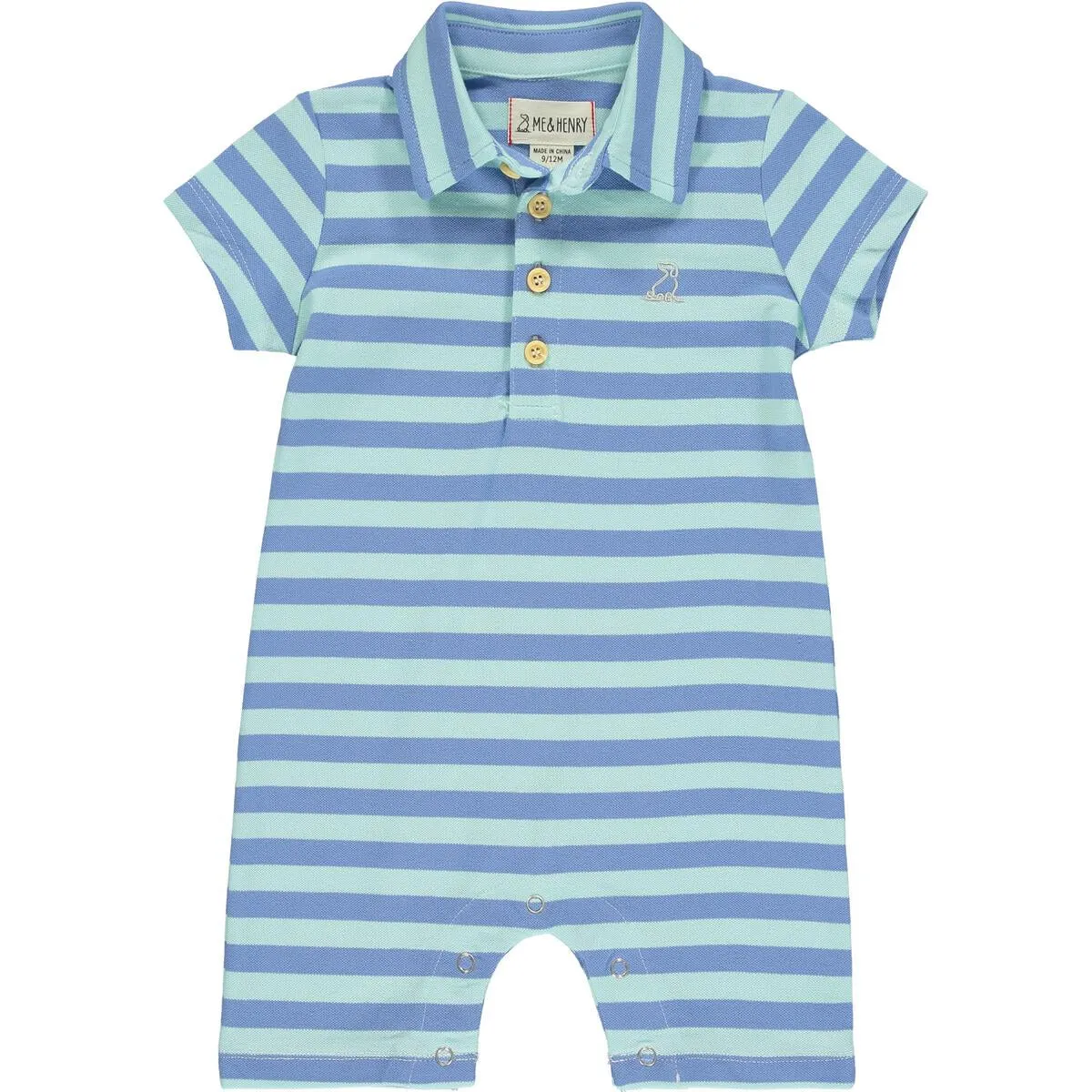 Me & Henry Wave Polo Romper in Blue / Aqua Pique Stripe