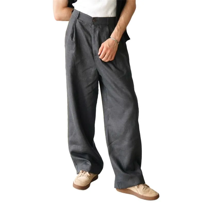 Men's Casual Loose Linen Pleated High Waist Breathable Pants 55586737M