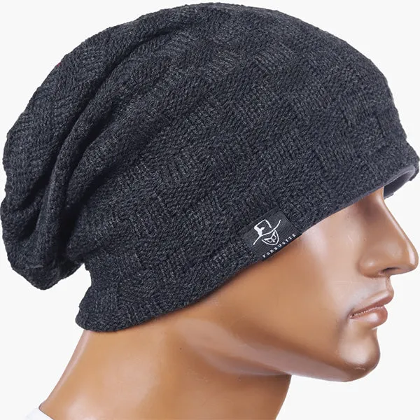 Mens Checked Knit Slouch Beanie Hat B5021