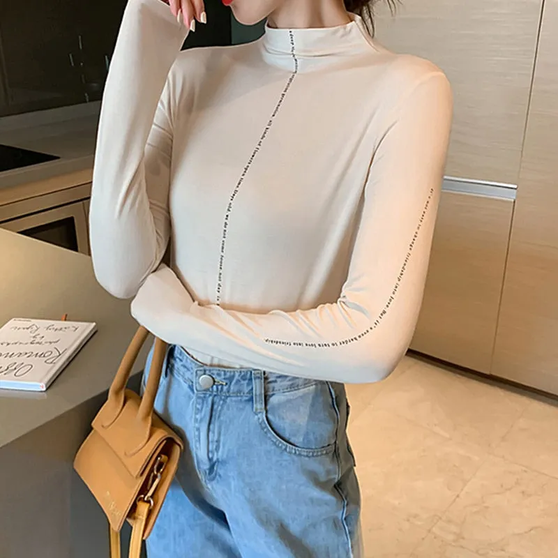 Minimalist Women's T Shirt Turtleneck Slim Less Is More Korean Shirts For Women 2020 Autumn Large Size Fashion