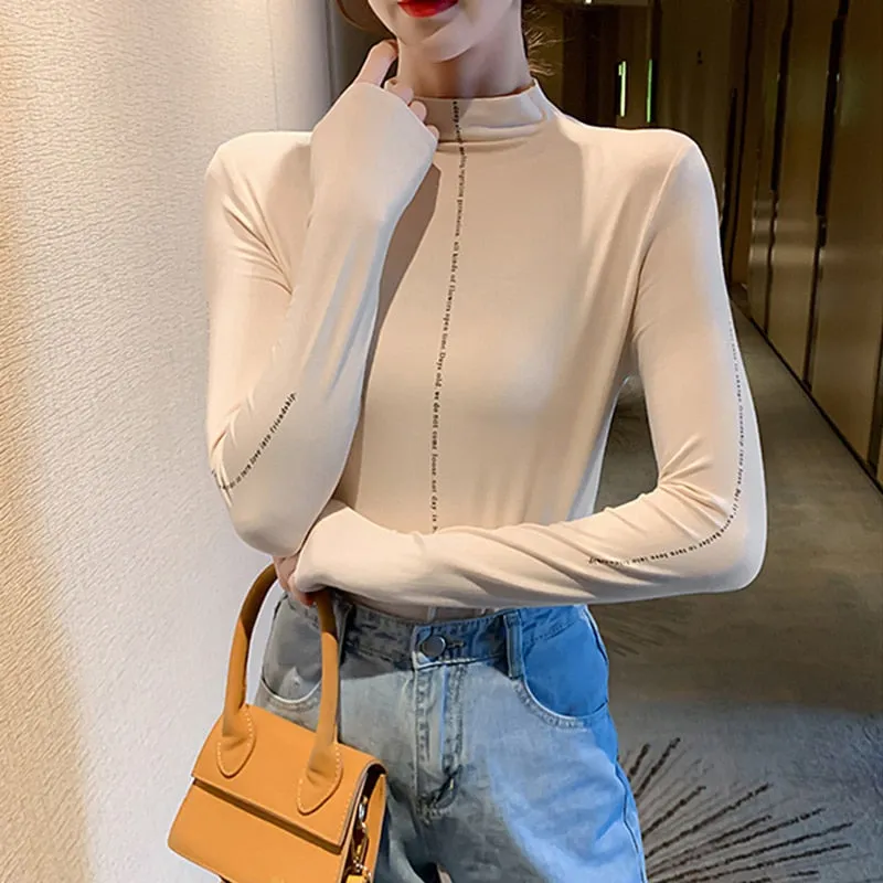 Minimalist Women's T Shirt Turtleneck Slim Less Is More Korean Shirts For Women 2020 Autumn Large Size Fashion