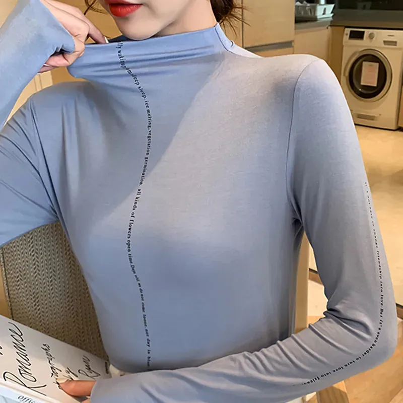 Minimalist Women's T Shirt Turtleneck Slim Less Is More Korean Shirts For Women 2020 Autumn Large Size Fashion