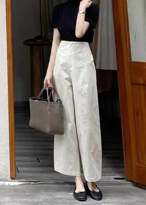 Modern Beige High Waist Patchwork Cotton Wide Leg Pants Fall LY9095