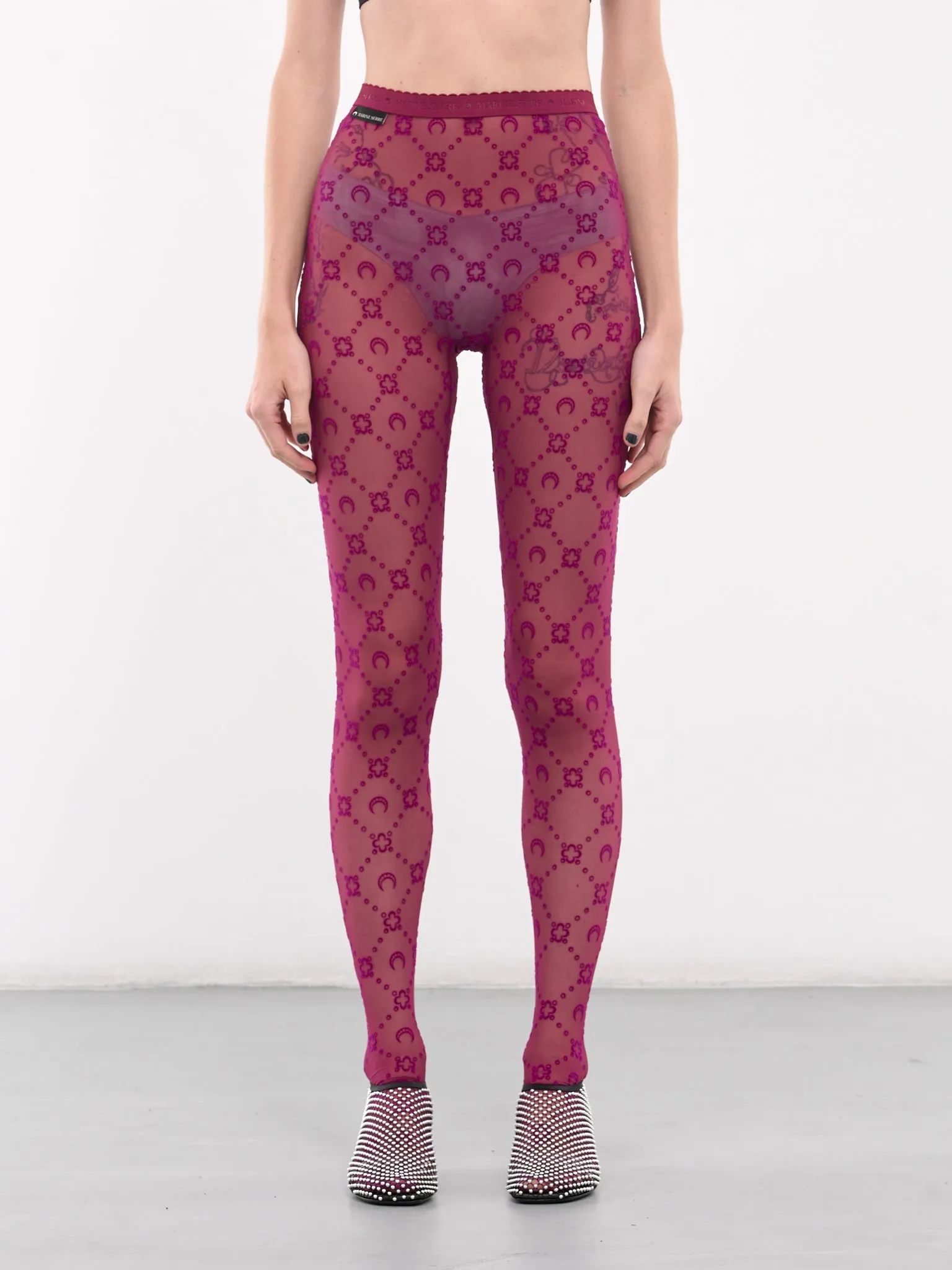 Monogram Mesh Flock Tights (WUW034A-CJER0005-CHERRY)