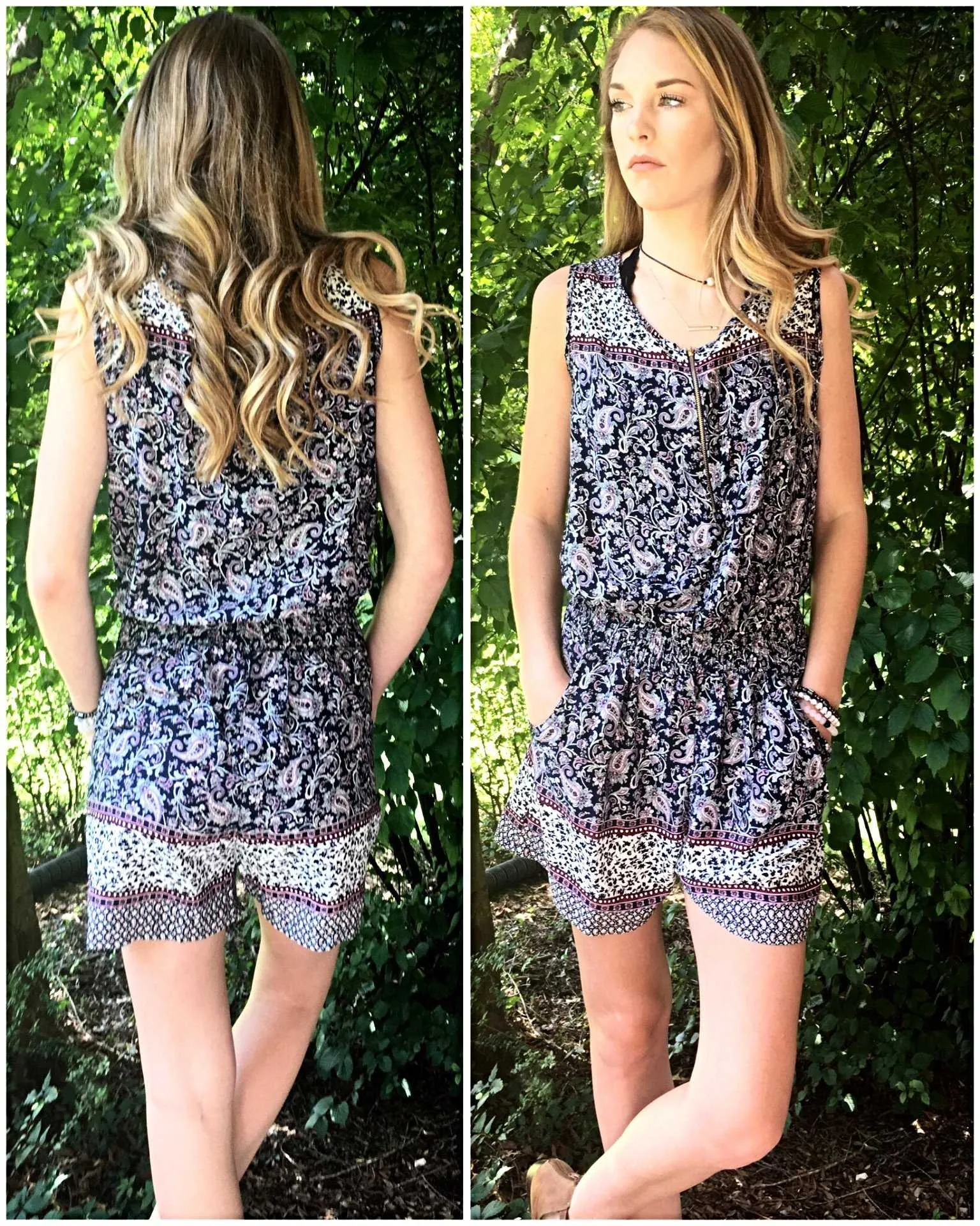 Navy and Plum Paisley Mixed Print  Romper