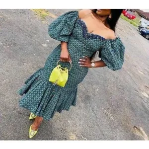 Off-Shoulder Green Ankara Midi Dress