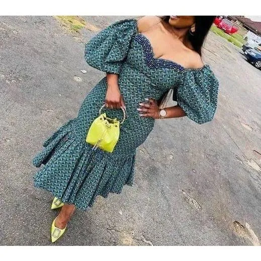 Off-Shoulder Green Ankara Midi Dress