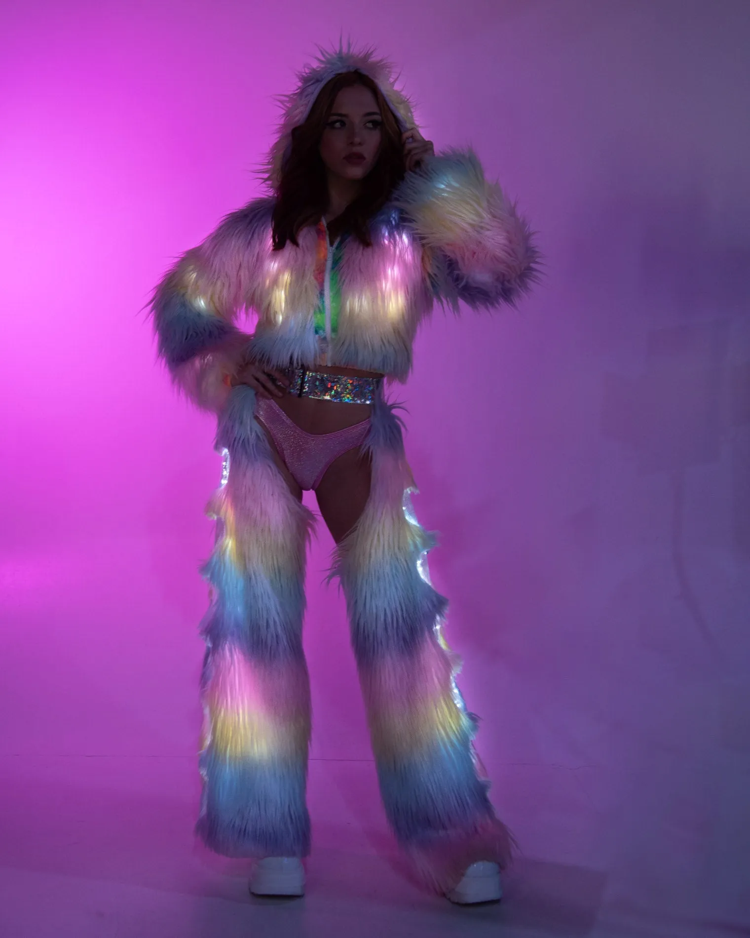 Pastel Rainbow Light Up LED Faux Fur Cropped Jacket