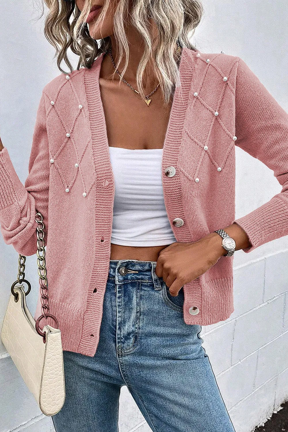 Pearl Beaded Textured Knit Cardigan