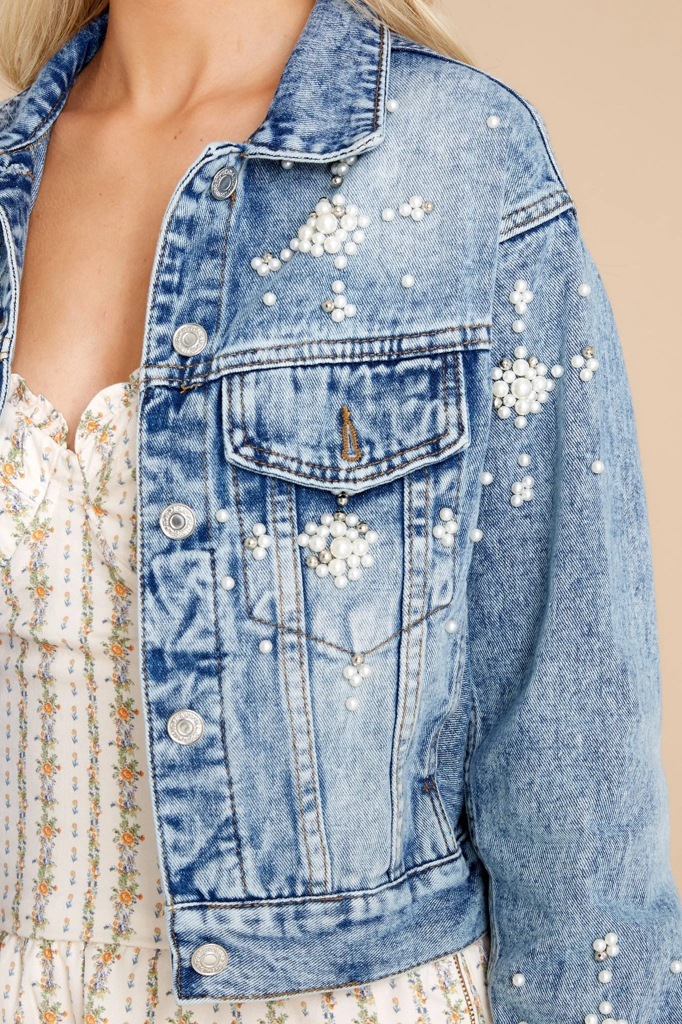 Pearl Girl Medium Wash Denim Jacket