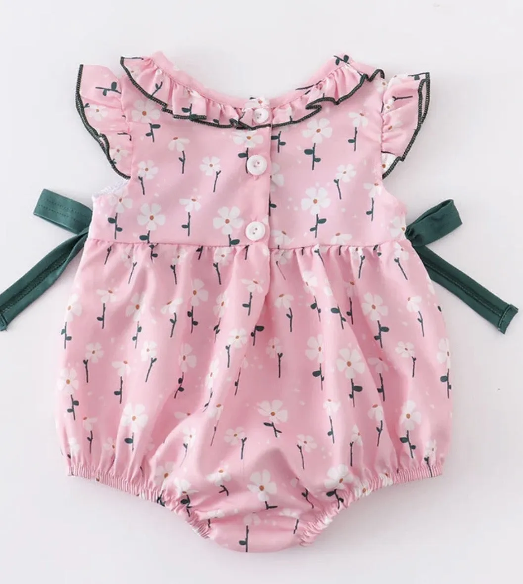 Pink Floral and Lamb Smocked Bubble Romper