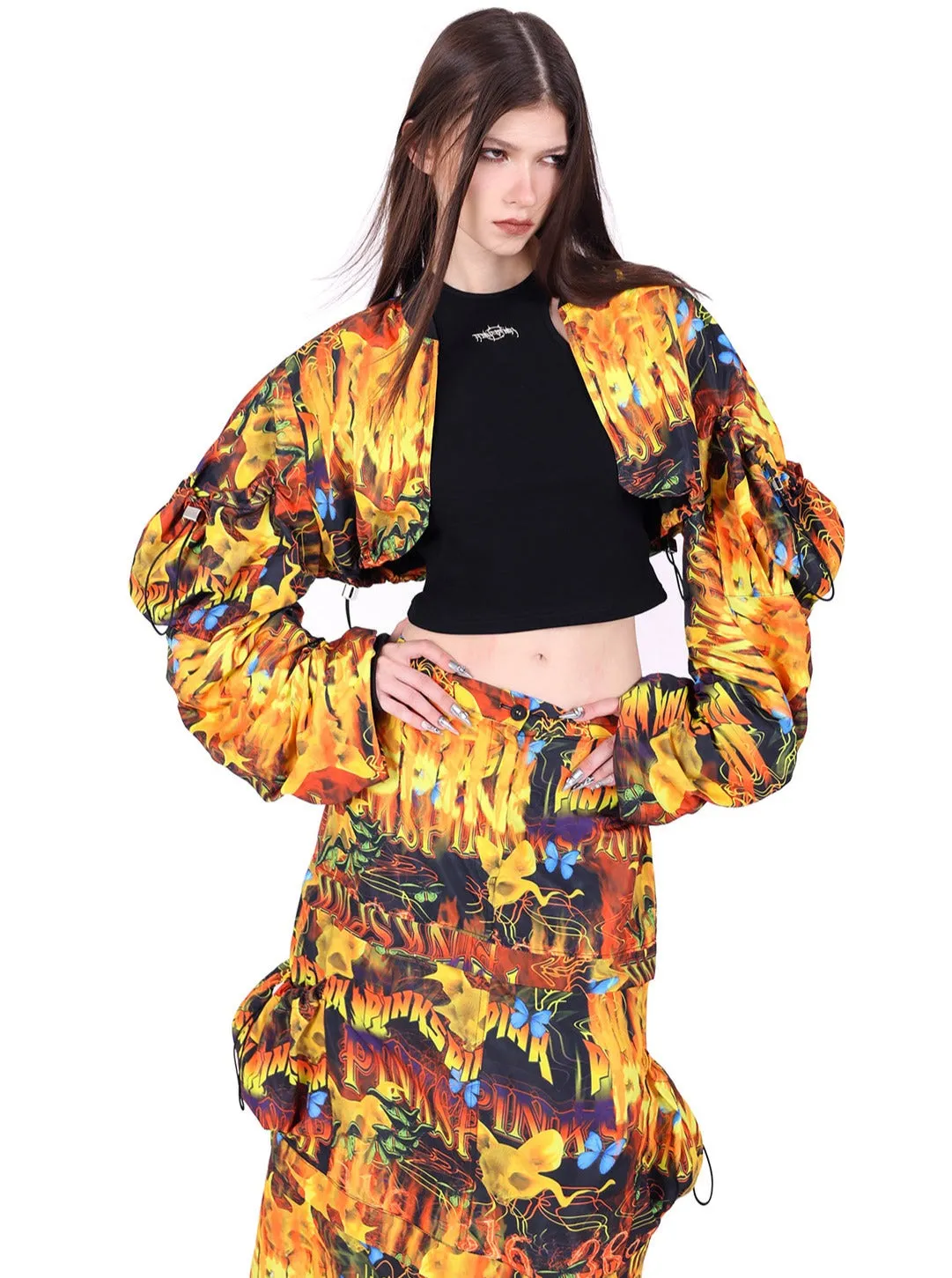 PINKSPINK Flame Graffiti Cropped Bomber Jacket - Multi-color