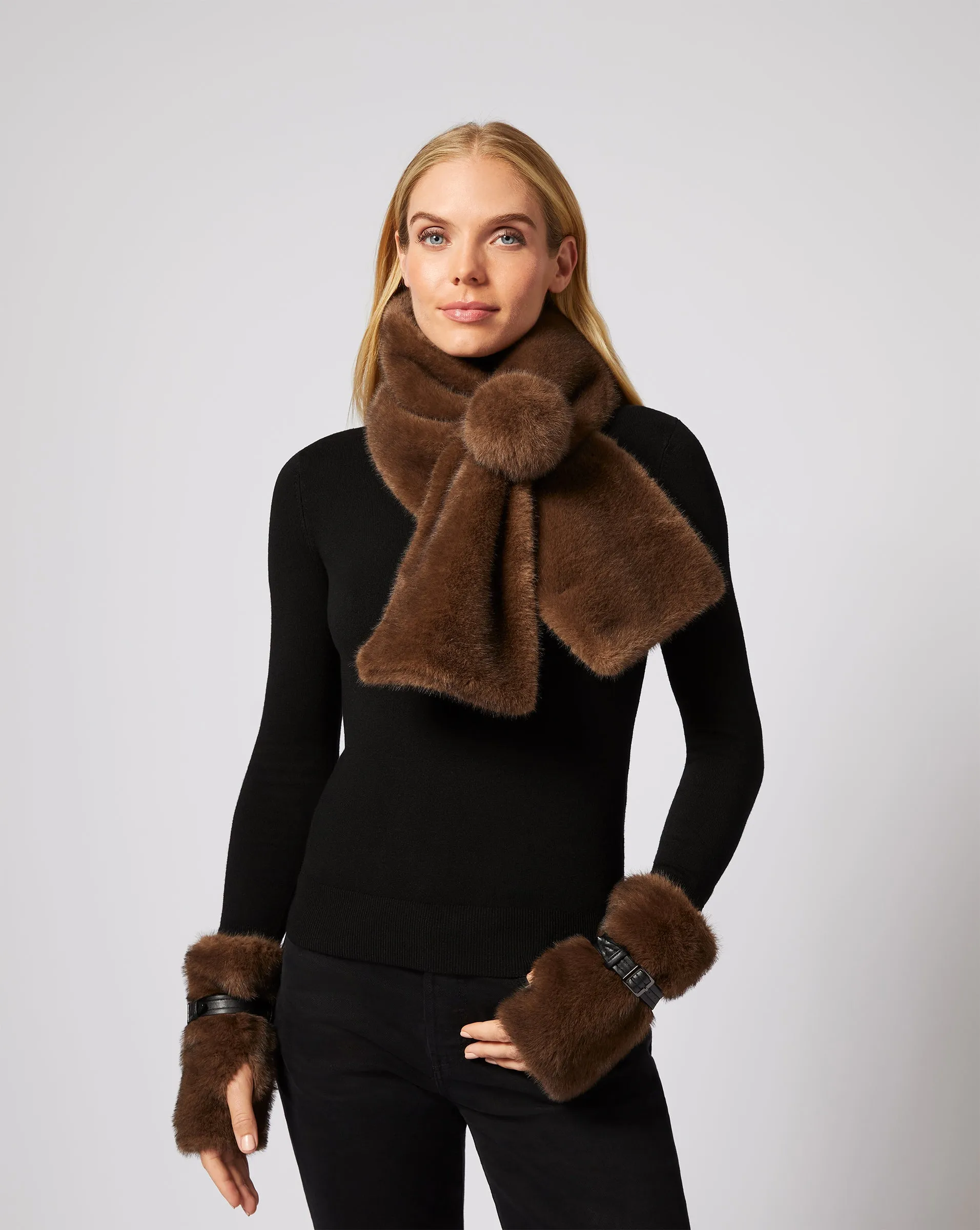 Pom-Pom Pull Through Mink Faux Fur Scarf