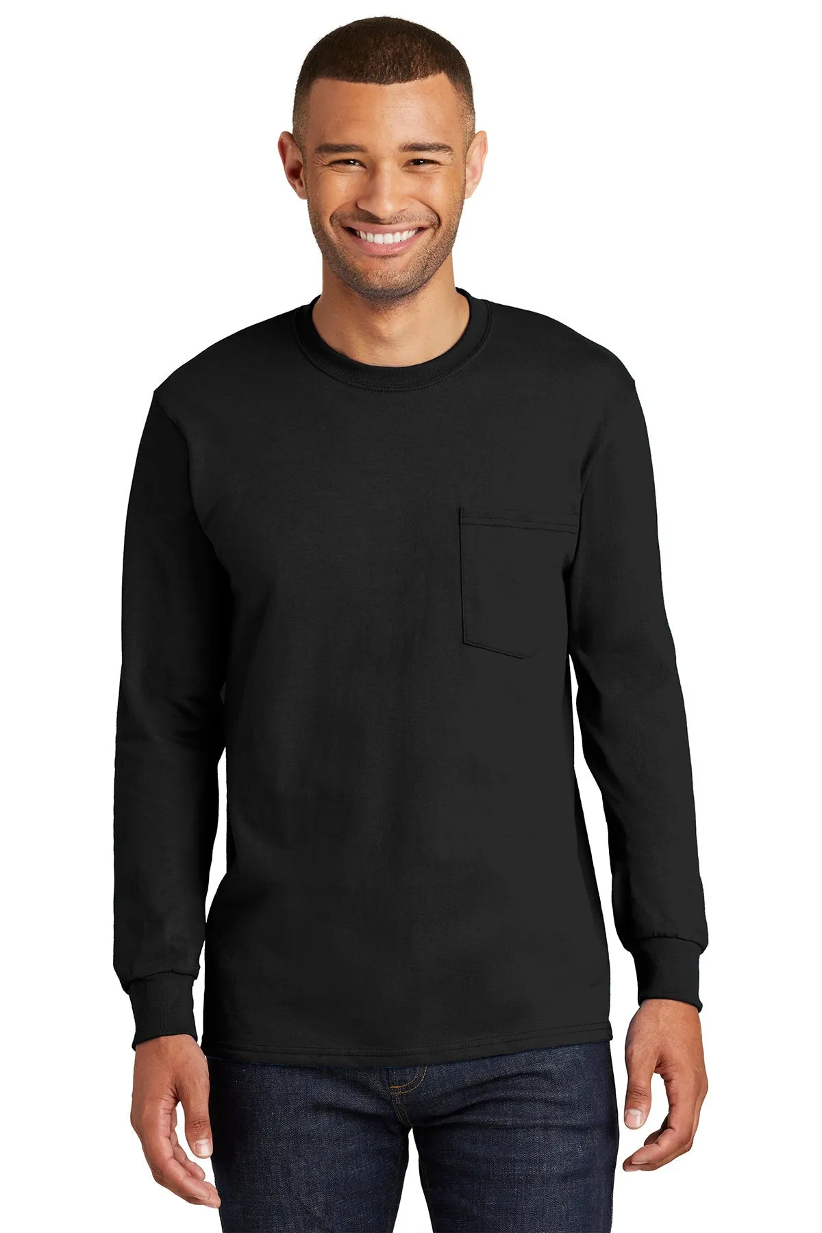 Port & Company Tall Long Sleeve Custom Essential Pocket Tee's, Jet Black