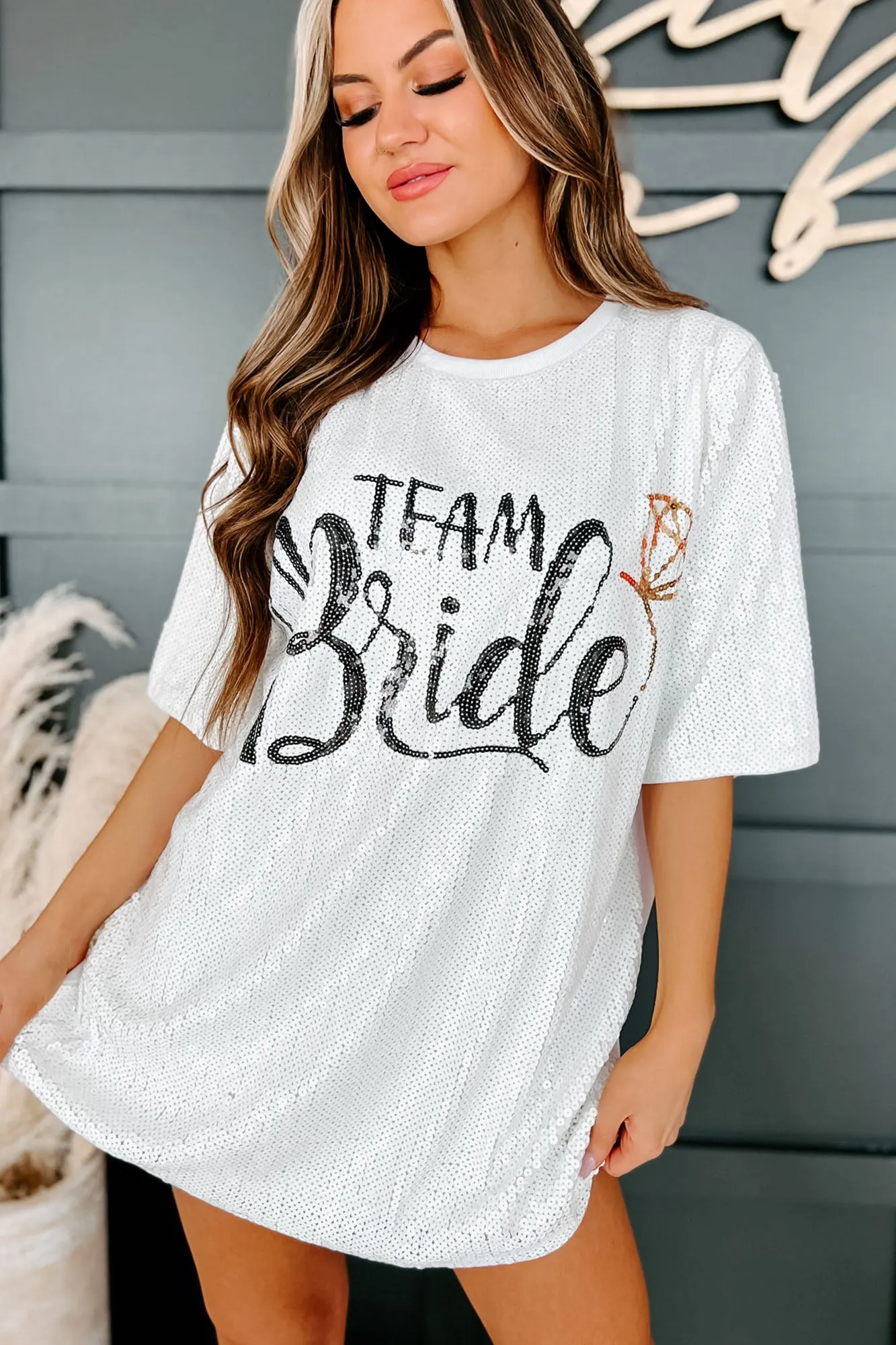 "Team Bride" Sequin T-Shirt Dress (White)