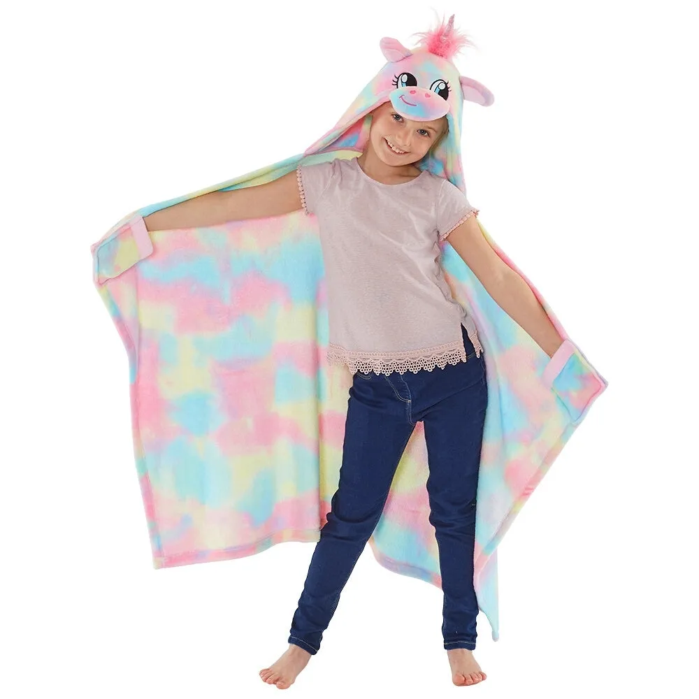 Rainbow Multicolour Unicorn Hooded Cuddle Blanket