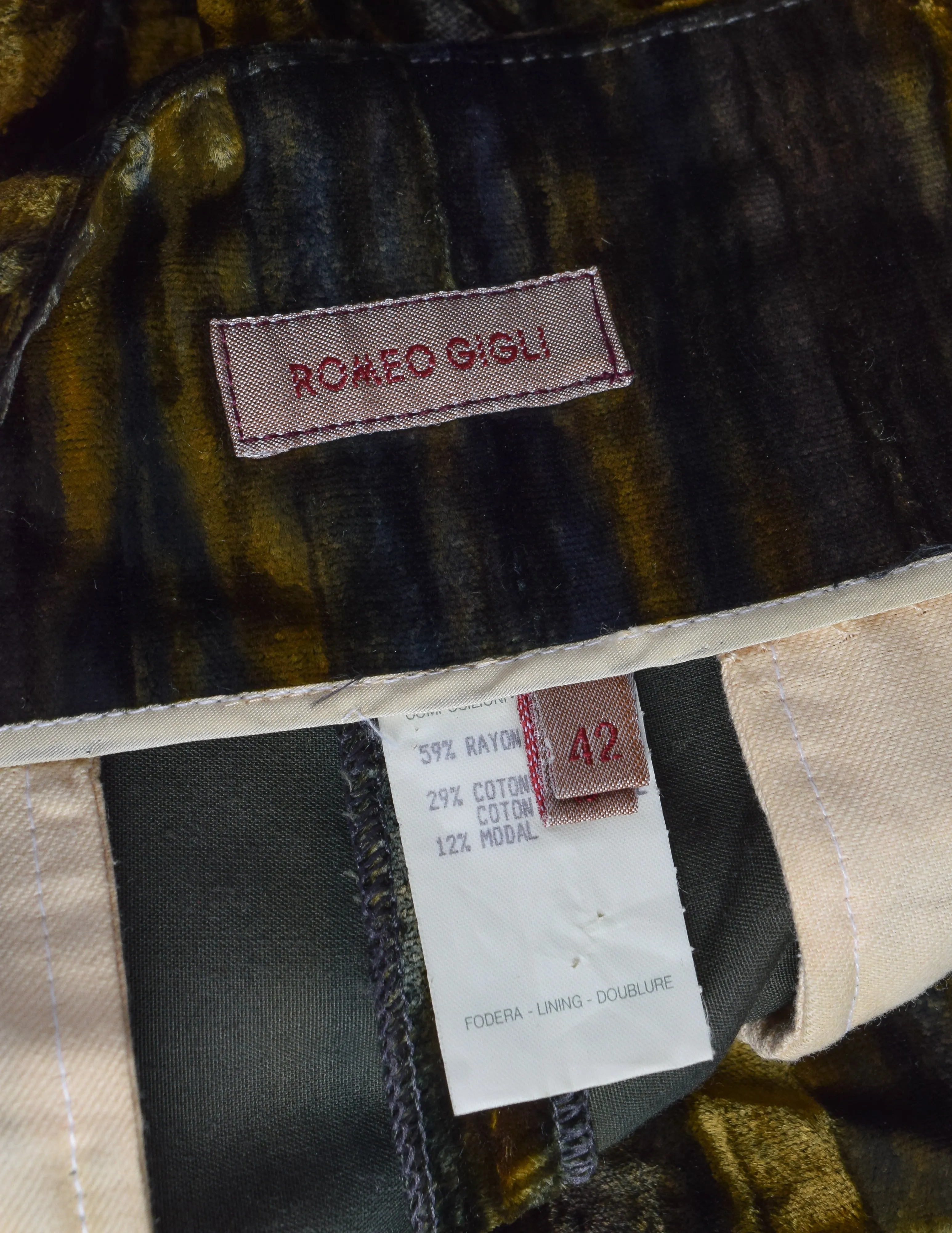 Romeo Gigli Vintage AW 1990 Green Painterly Crushed Velvet High Waist Pants