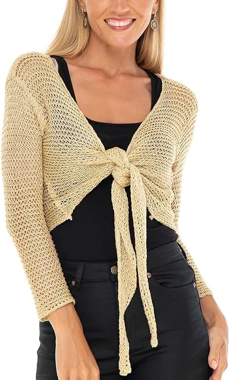 SHU-SHI Womens Cropped Sheer Shrug Tie Top Open Front Cardigan Knit Sweater