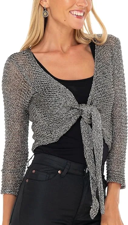 SHU-SHI Womens Cropped Sheer Shrug Tie Top Open Front Cardigan Knit Sweater