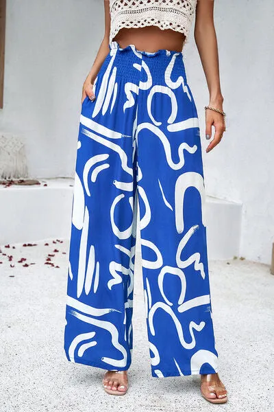 Smocked Printed Wide Leg Pants with Pockets