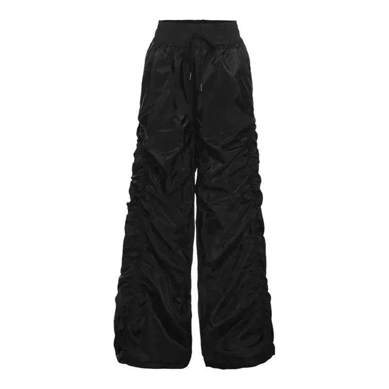 Solid Black Shirring Drawstring Elastic Waist Pant