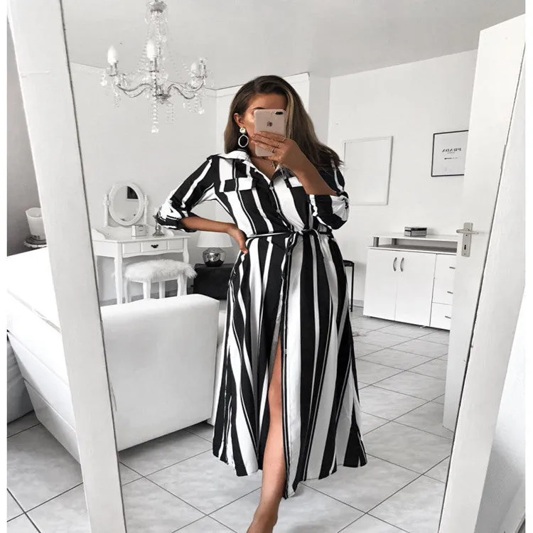 striped long-sleeved shirt dress