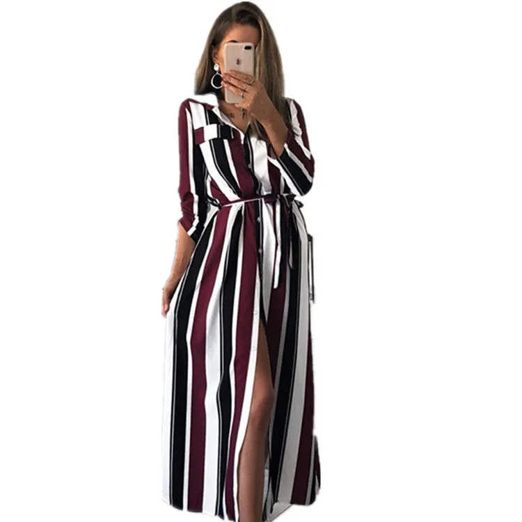 striped long-sleeved shirt dress