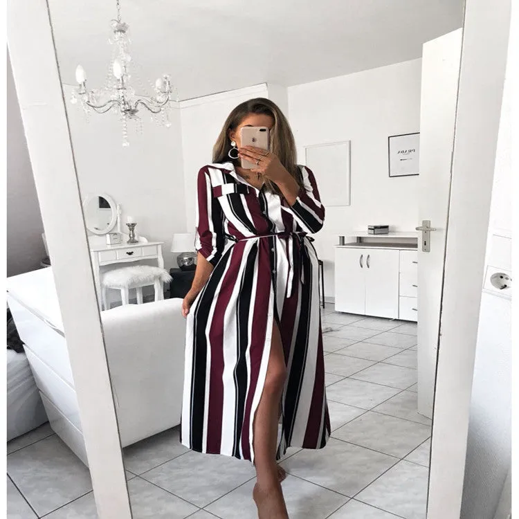 striped long-sleeved shirt dress