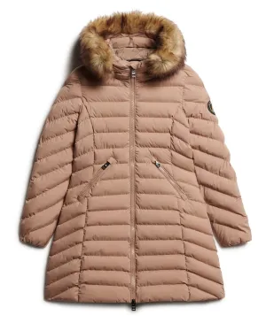 Superdry Womens Fuji Faux Fur Hood Mid Length Coat Winter Taupe