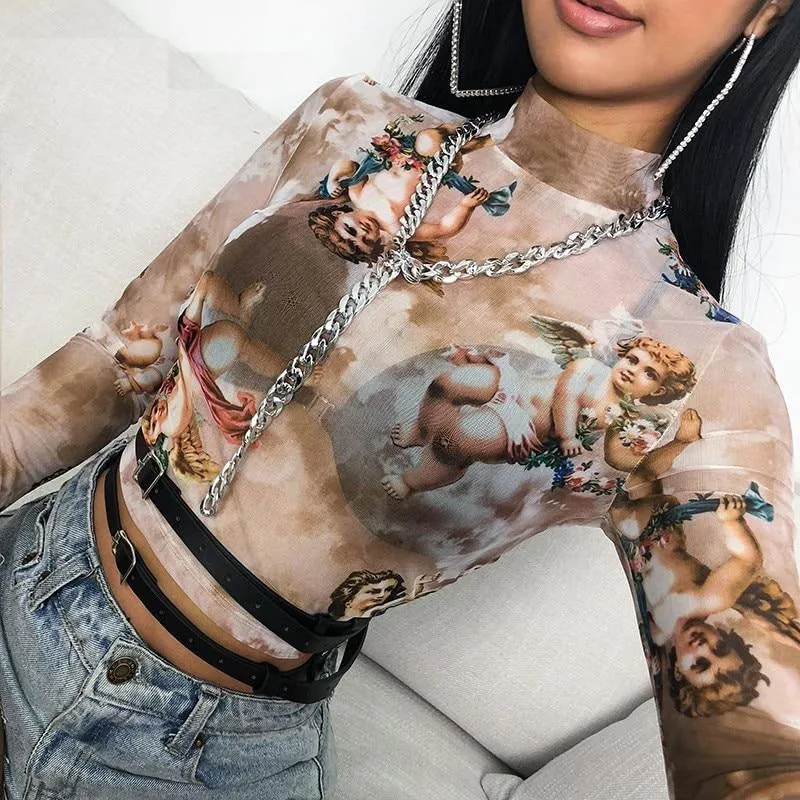 Sweetown Summer 2020 Kawaii Mesh Crop Top Tshirt Greek Mythology Angel Print See Through Top Women Sexy Transparent Beach Shirt