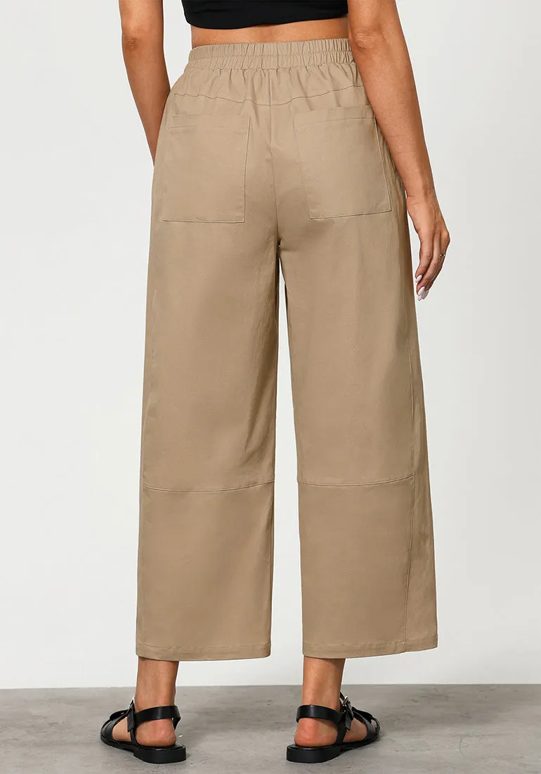 Tan Women Pant Full Length Elastic Waist Lounge barral side pocket