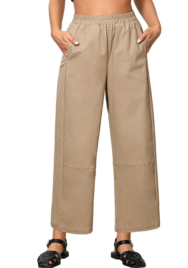 Tan Women Pant Full Length Elastic Waist Lounge barral side pocket