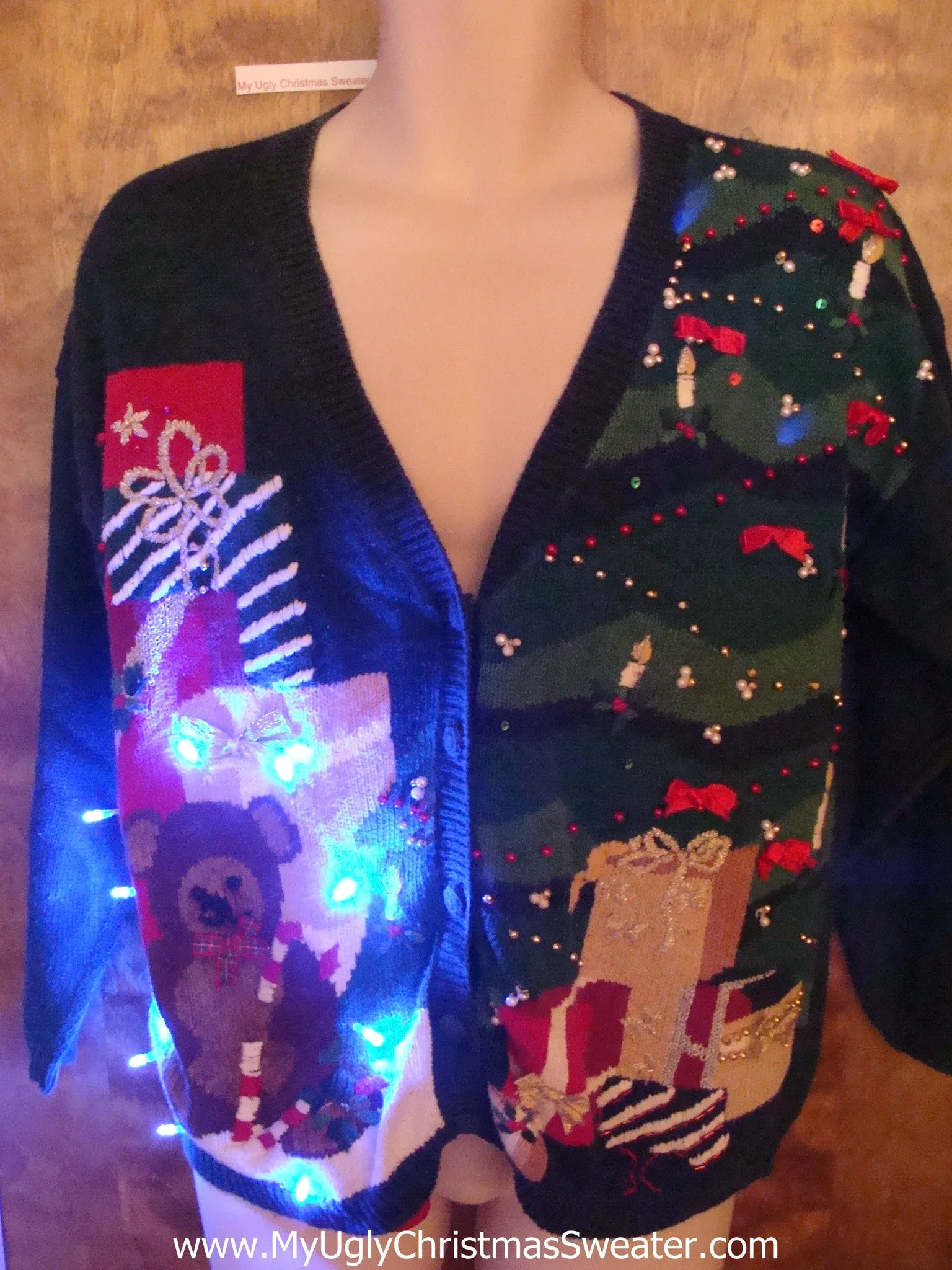 Teddy Bear and Tree 80s Light Up Ugly Xmas Sweater