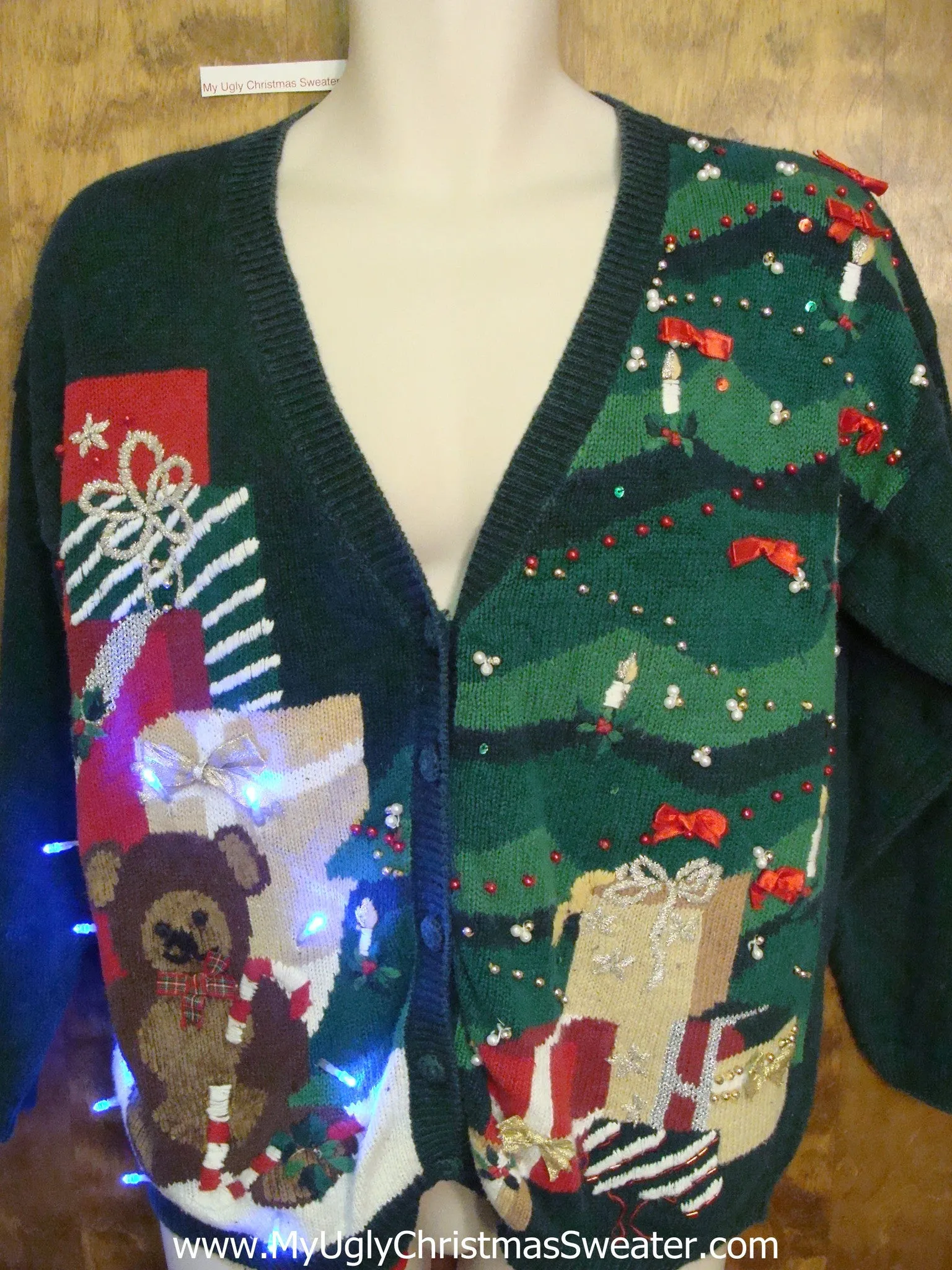 Teddy Bear and Tree 80s Light Up Ugly Xmas Sweater