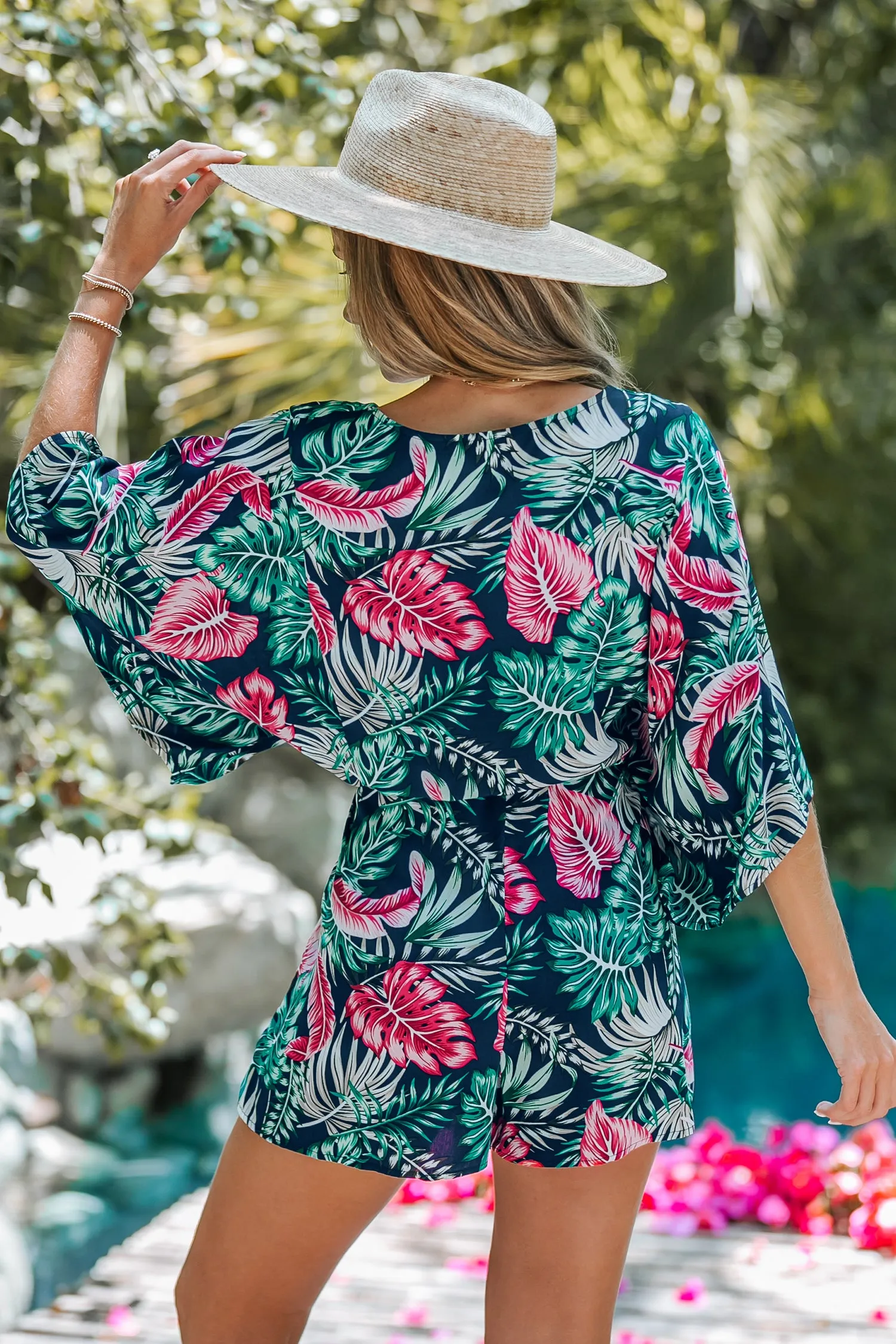 Tropical Leaf Print Tie Front Romper