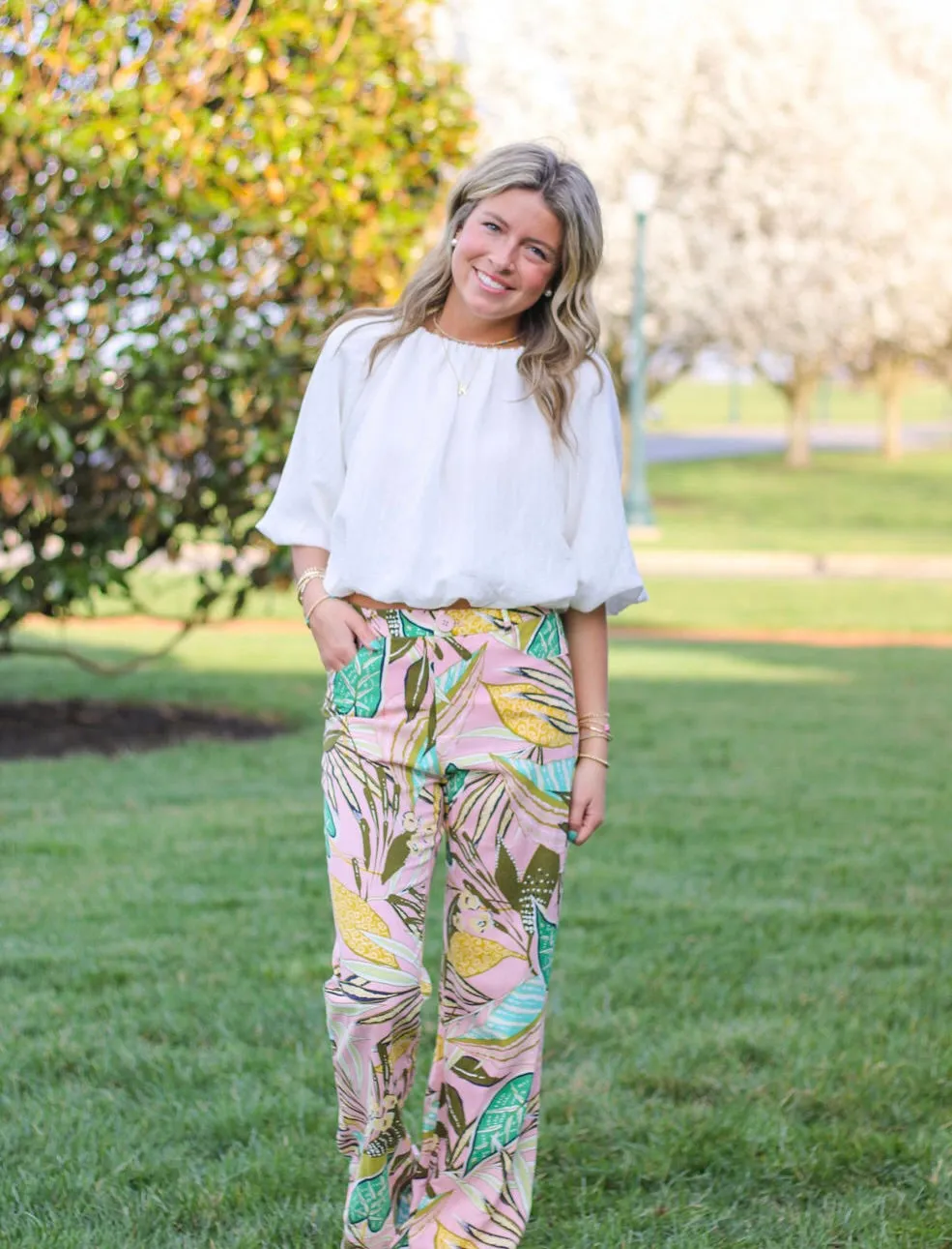 Tropical Print Linen Blend Flare Trouser