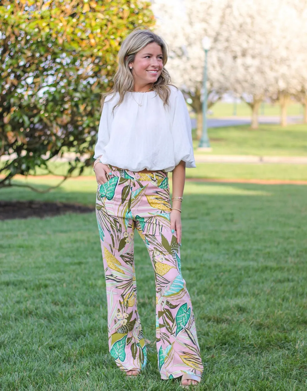 Tropical Print Linen Blend Flare Trouser