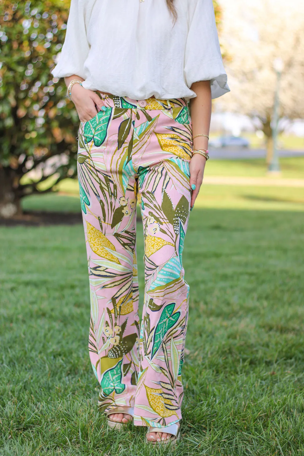 Tropical Print Linen Blend Flare Trouser