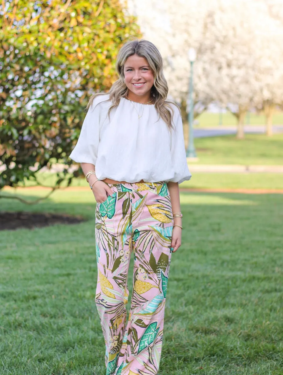 Tropical Print Linen Blend Flare Trouser