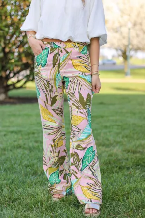 Tropical Print Linen Blend Flare Trouser