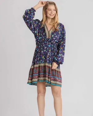 Umgee - Floral V-Neck Puff Sleeve Dress, Sapphire Mix