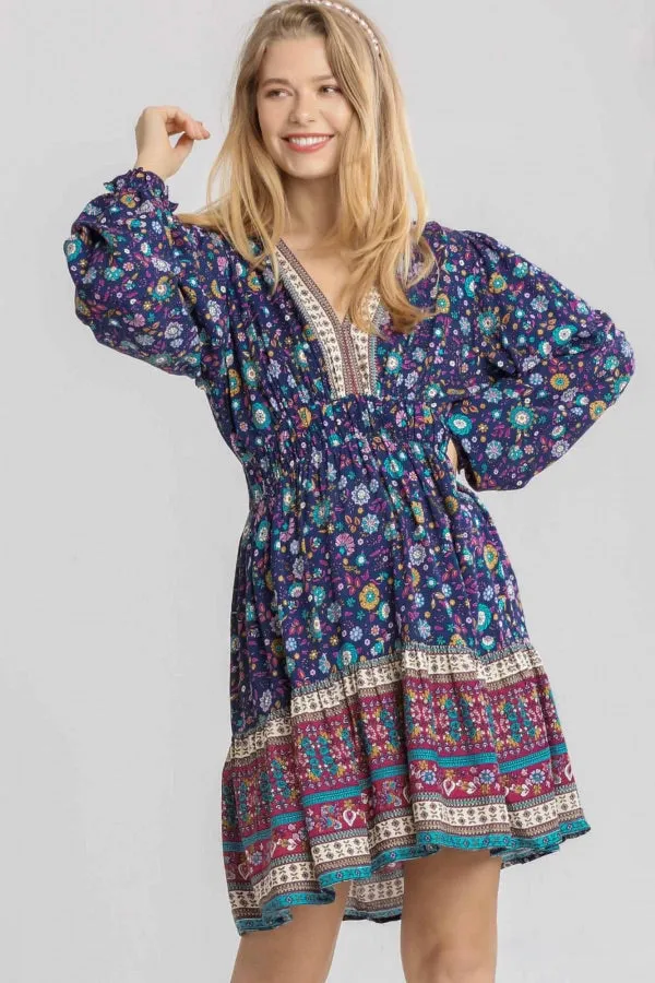 Umgee - Floral V-Neck Puff Sleeve Dress, Sapphire Mix